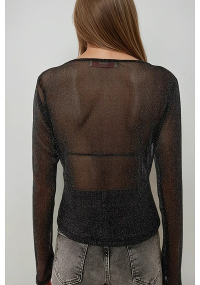 Hiccup Lurex Transparan Uzun Kollu Fit Bluz Siyah