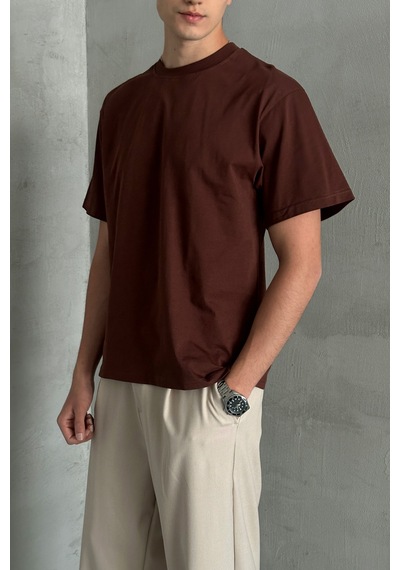 Hyman Erkek %100 Pamuk Oversize Basic T-shirt Koyu Kahve