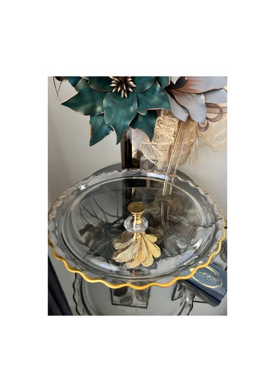 Paşabahçe Yuvarlak Şekilli Gold Yaldızlı Metal Ayaklı Dekoratif Sunumluk Modern Tabak Cam Stand Çok Renkli