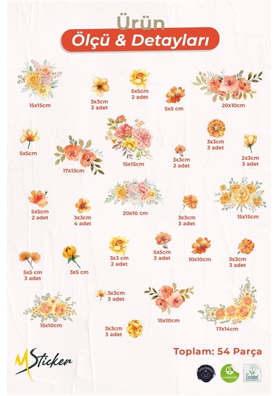 52 Parça Bahar Temalı Cam Sticker Seti Suluboya Floral Çift Taraflı Görünüm, Dekoratif Cam Sticker Dijital Baskı