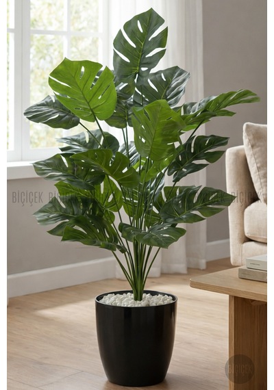 Biçiçek Yapay Monstera Deve Tabanı Yakut Saksıda Siyah