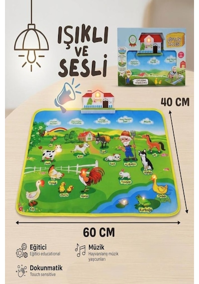 Eğitici Çiftlik Halısı - Sesli ve Işıklı Dokunmatik Bebek Aktivite Oyun Matı 48x60 CM