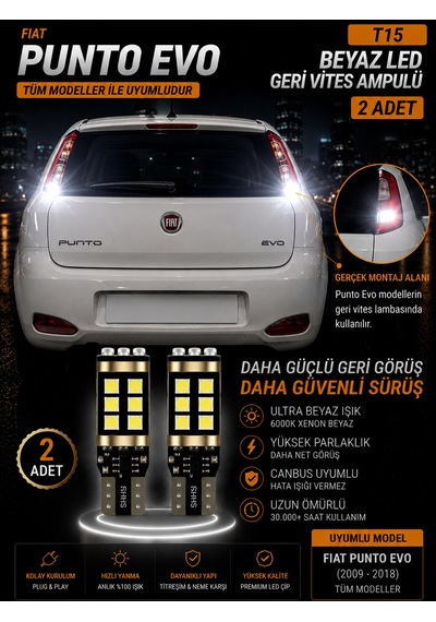 Fiat Punto Evo 2009-2018 Uyumlu T15 W16w Beyaz Led Geri Vites Ampulü Canbus 2 Adet