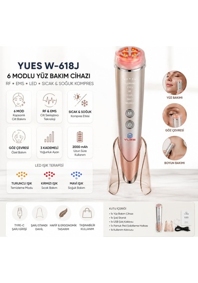 W-618j 6 Modlu Rf Ems Yüz Bakım Cihazı, Kırmızı/mavi Led, Sıcak-soğuk Kompres, Titreşimli Şarjlı Cilt Masaj Aleti, Standlı