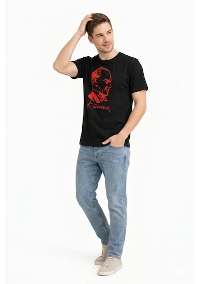 De'charme Erkek Atatürk Baskılı Tişört Kısa Kollu Bisiklet Yaka T-shirt - Siyah