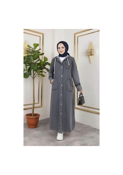 Hb Harma Time Butik Kadın Cepli Düğmeli Kapüşonlu Denim Koyu Gri Trençkot Gri Gri