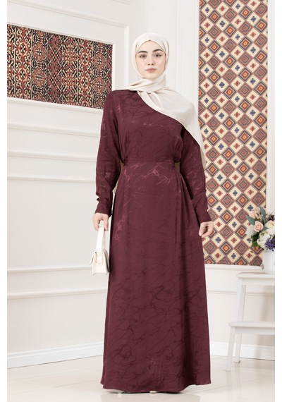 Sevitli Beli Bağlamalı Jakar Abiye Elbise-bordo-5721