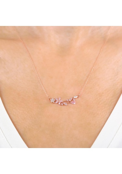 Mia vento Pırlanta Montür Pink Taşlı Bahar Müjdesi Rose Renk Gümüş Kolye
