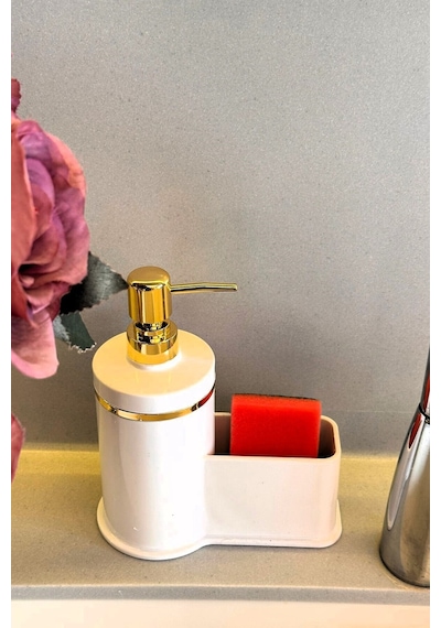 Makri Home Mutfak Veya Banyo İçin Şık Altın Rengi Detaylı Süngerlikli Sıvı Sabunluk , Yerli Üretim Beyaz