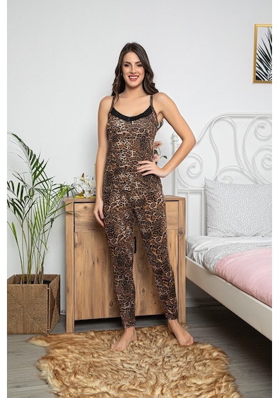 Myben Kadın Leopar Desenli Dantel Detaylı Şortlu Ve Taytlı Pijama Takımı 3'lü Set 75000 Kahverengi
