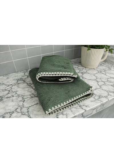 Krem İstiridye Dikişli %100 Pamuk Yumuşak Dokulu Yüksek Su Emici 2'li Banyo Havlu Seti 50x90-70x130 Haki