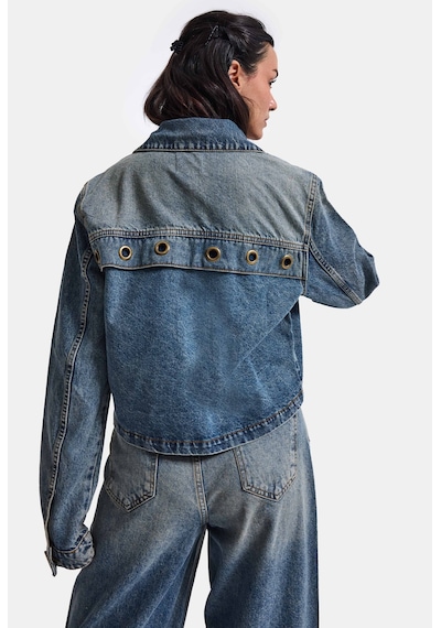 Kadın Kot Rengi 4w6-8 Kemer Boy Kuş Gözü Detaylı Özel Tasarım Denim Ceket