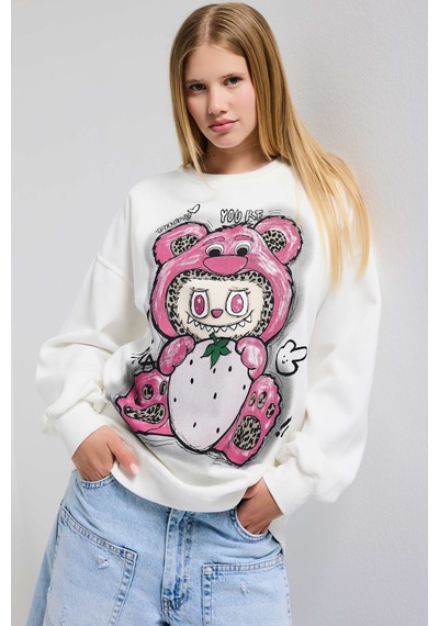 Itsbasic Kadın Beyaz W5 Oversize Baskılı %100 Koton Organik Kumaş Sweatshirt