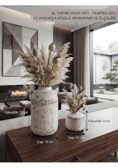El Yapımı Dekoratif Beton Vazo Seti Pampas Ve Haşhaş Kapsüllü - Modern Ev Ve Salon Dekorasyonu, Hediye Obje Beyaz