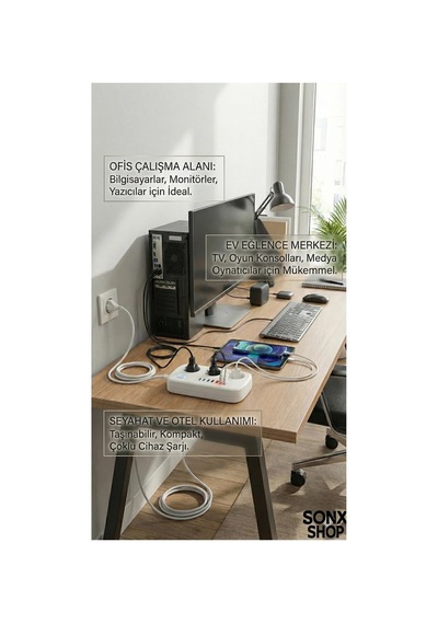 2500w Çoklu Priz 2 Metre 3 Lü Ac Priz +5 Usb Çıkışı Akım Korumalı Alev Almayan Gövde, 0 - 2 M