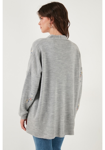 Lela Çiçek Işlemeli Oversize Fit V Yaka Düğmeli Bayan Hırka 4616191 Açık Gri