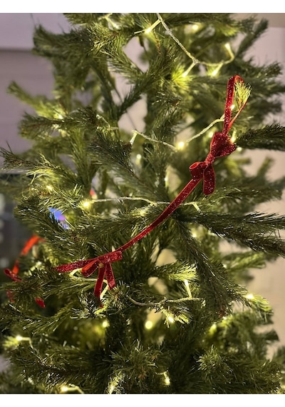 Yılbaşı Kırmızı Simli Kadife Kurdele Fiyonk Noel Çam Ağaç Süsü 1 Adet