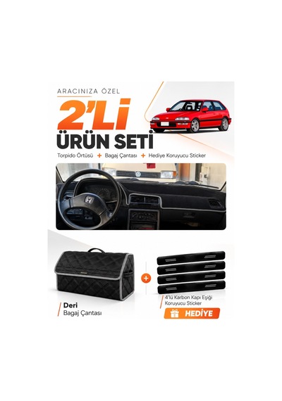 Honda Cıvıc Ef 1988-1991 Uyumlu Torpido Örtüsü + Deri Bagaj Çantası + Sticker Seti - Siyah Gri