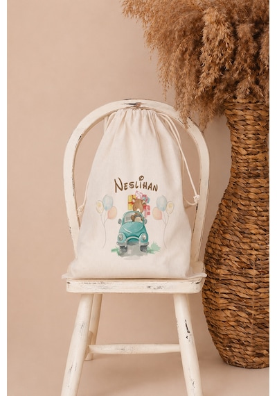 İsme Özel Kız Bebek Çocuk Kıyafet Kesesi 30x40 Cm %100 Pamuk Ham Bez İsim Baskılı Yıkanabilir Kişiye Özel Kese 2084kk Ekru