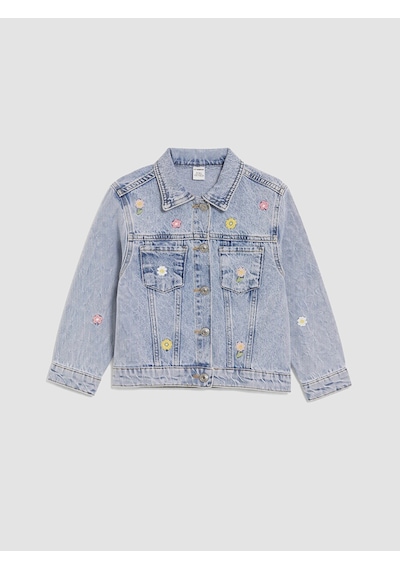 LC Waikiki Lcw Kids Mavi Gömlek Yaka Nakışlı Kız Çocuk Jean Ceket Lıght Blue Acıd