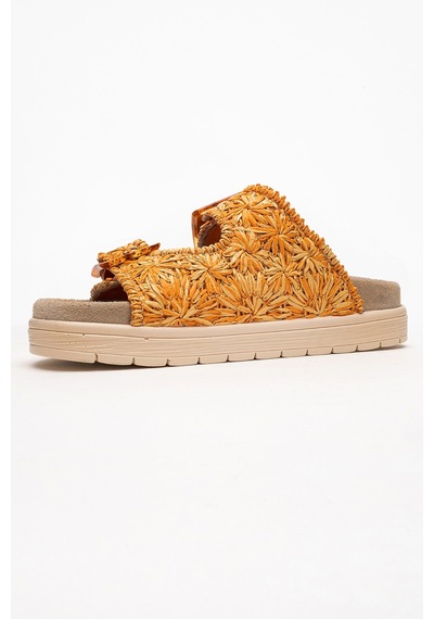 Luvishoes Luvi Shoes Mılana Turuncu Desenli Hakiki Deri Tokalı Çift Bantlı Kadın Terlik Turuncu