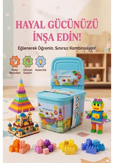 250 Parçalı Saklama Kutulu Renkli Bloklu Eğlenceli Sayısız Kombinasyonlu Eğitici Yapı Oyuncak Seti Mavi