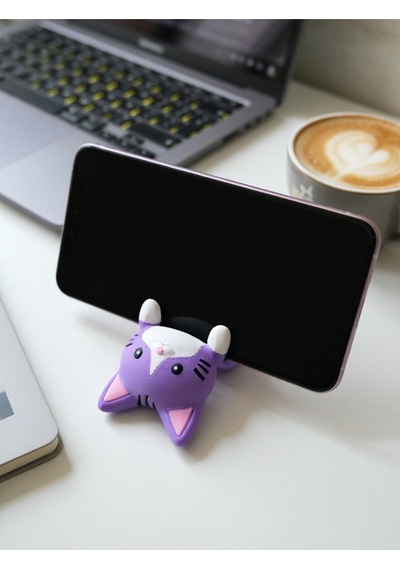 Mor Kedi Figürlü Telefon Tutucu Stand - 3d Baskı Ofis Masaüstü Aksesuarı Ve Biblo