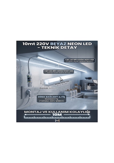 10 Metre Beyaz 220v Neon Led Şerit ,tak Çalıştır Set, Fişli Esnek Şerit Led, ,turuncu Led,mutfak,tezgah Ledi, Neon Led Şerit Işık ,ambiyans Işık Havuzu, Balkon, Teras Ve Ev İçin Dekoratif Led