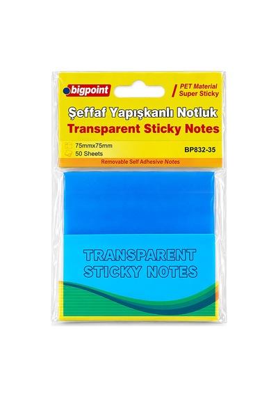 Bigpoint Pet Yapışkanlı Şeffaf Notluk 75x75mm Mavi X 12 Adet