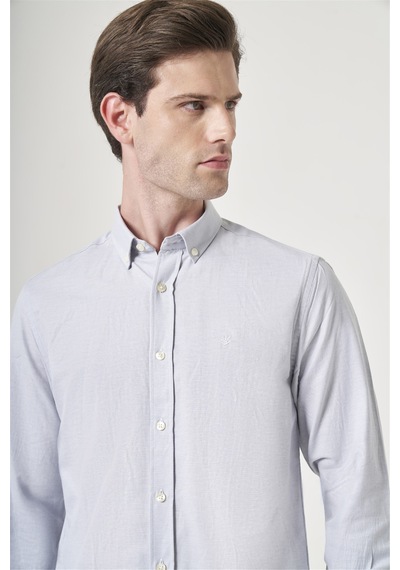 İmza Gri Düğmeli Yaka Oxford Slim Fit Pamuklu Gömlek 1004265124
