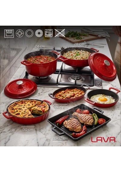 Lava Döküm Tencere Tava Aile Seti 6'lı Kırmızı