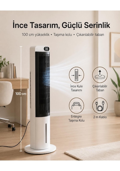 70w Buz Akülü Kule Tipi Vantilatör / Uzaktan Kumandalı / 3l Su Hazneli / 24 Saat Zaman Ayarlı Fan