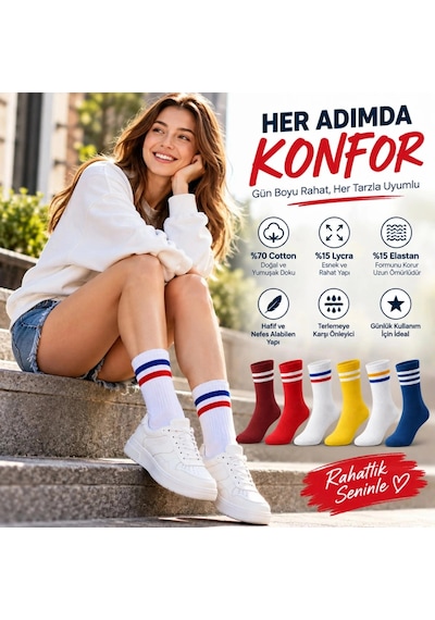 Biçomi Unisex Renkli Çorap Çizgili 12'li Set Uzun Soket Günlük Spor Kolej Stil Rahat Şık Kadın Erkek Çorabı Çok Renkli