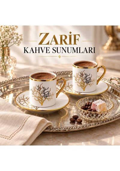 Valkyrie 12 Parça 6 Kişilik 80 Ml Türk Kahvesi Fincan Takımı Gold Detaylı Ağaç Desenli K654-a
