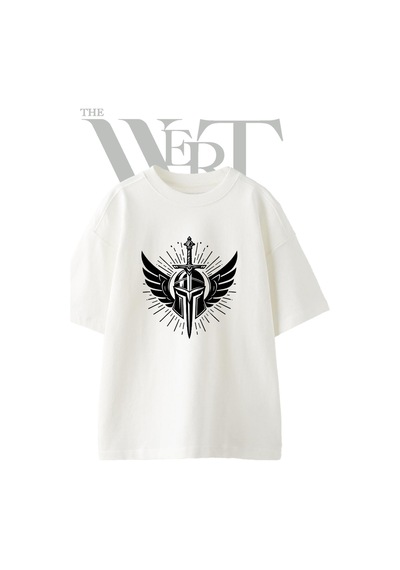 Thewert Spartan Kask Kilic Tasarım Baskılı Ünisex Beyaz Oversize T-shirt