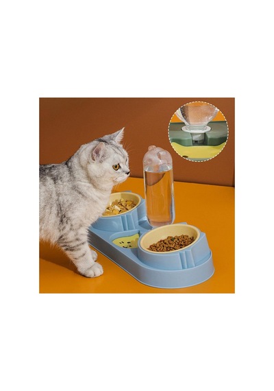 Mavi Kedi Köpek Mama Ve Su Kabı Seti Otomatik Su Hazneli Çift Mama Kabı 42x16,5 Cm