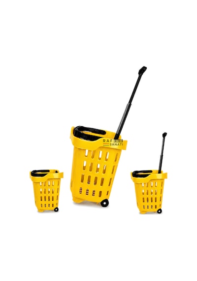 5 Adet - 43 Lt Tekerlekli Market Sepeti Plastik Alışveriş Sepeti Ergonomik Çift Saplı Sarı
