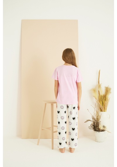 Siyah İnci Pamuklu Bisiklet Yaka Örme Pijama Takım25107127 Pembe