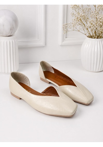 Dabab Shoes Dante Kadın Bej Kırışık Rugan Kare Burun Düz Taban Günlük Casual Babet Ayakkabı