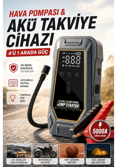 Akü 12.000 Mah Şarjlı Taşınabilir Takviye Cihazı Lastik Hava Kompresörü Powerbanklı Işıklı Çantalı