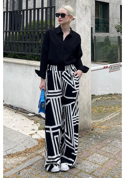 Madmext Siyah Desenli Beli Lastikli Bol Paça Pantolon Mg2051-siyah Siyah