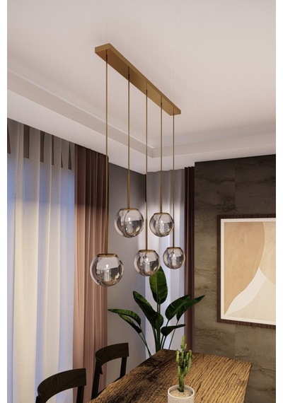 Dora Modern Sıralı Avize - Eskitme Metal, Füme Cam, 5'li Sarkıt, 1 Adet