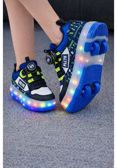 Erkek Çocuk Işıklı Patenli Ayakkabı Tekerlekli Kaykaylı Spor Sneaker Led Taban Siyah
