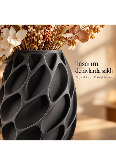 Yaprak Desenli Dekoratif Vazo 20 Cm Kuru Ve Yapay Çiçek Vazosu Siyah