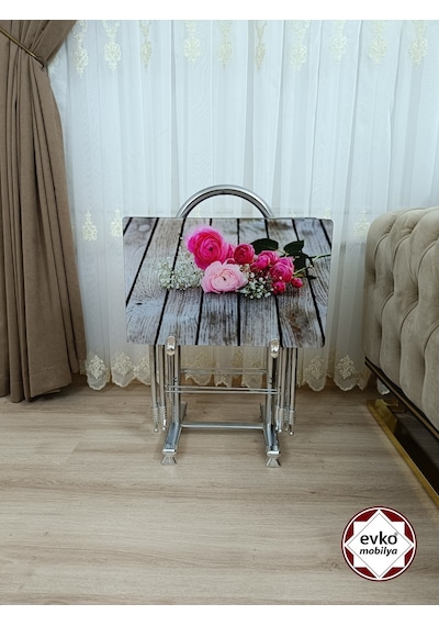 Çanta Zigon Sehpa,4'lü Sehpa, Zigon Sehpa, Camlı Sehpa -pembe Gül