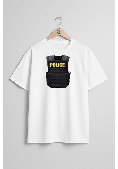 Bahriyeli Collection Oversize Polis Çelik Yelek Göğüs Tasarımlı Unisex T-shirt Beyaz