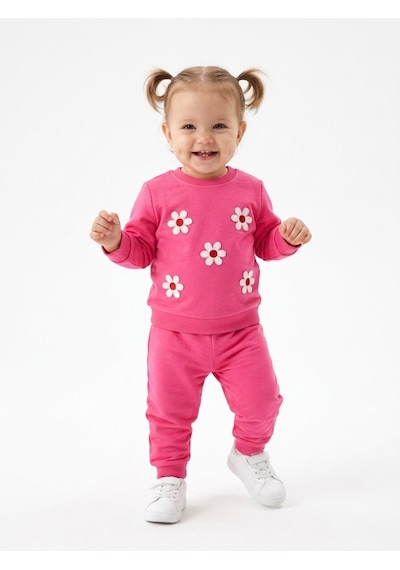 HelloBaby Pamuklu Papatya Detaylı 2li Kız Bebek Takım Fuşya