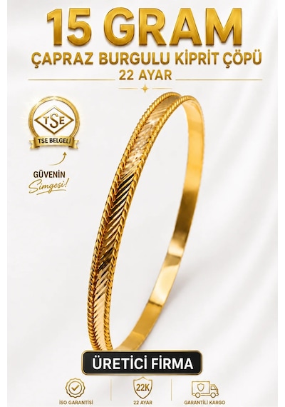 22 Ayar Tse Belgeli 15 Gram Çapraz Burgulu Kiprit Çöpü Ajda Altın Bilezik Gold Düğün Nişan