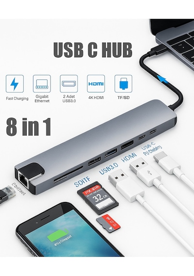 8'in 1 Usb Type-c Hub Çoklu Bağlantı İstasyonu Hdmı 4k, Rj45 Ethernet Usb 3.0, Pd Sd/tf Kart Okuyucu