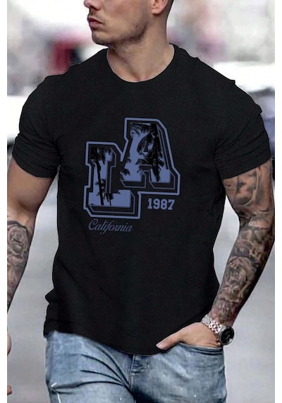 Erkek La California 1987 Baskılı Oversize Tshirt Siyah